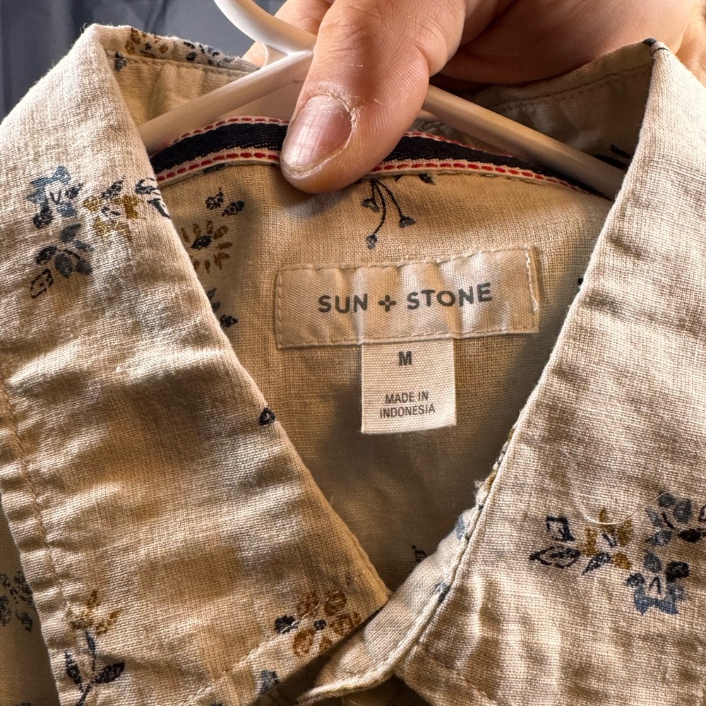 Sun + Stone Beige Shirt with Blue Floral Accents